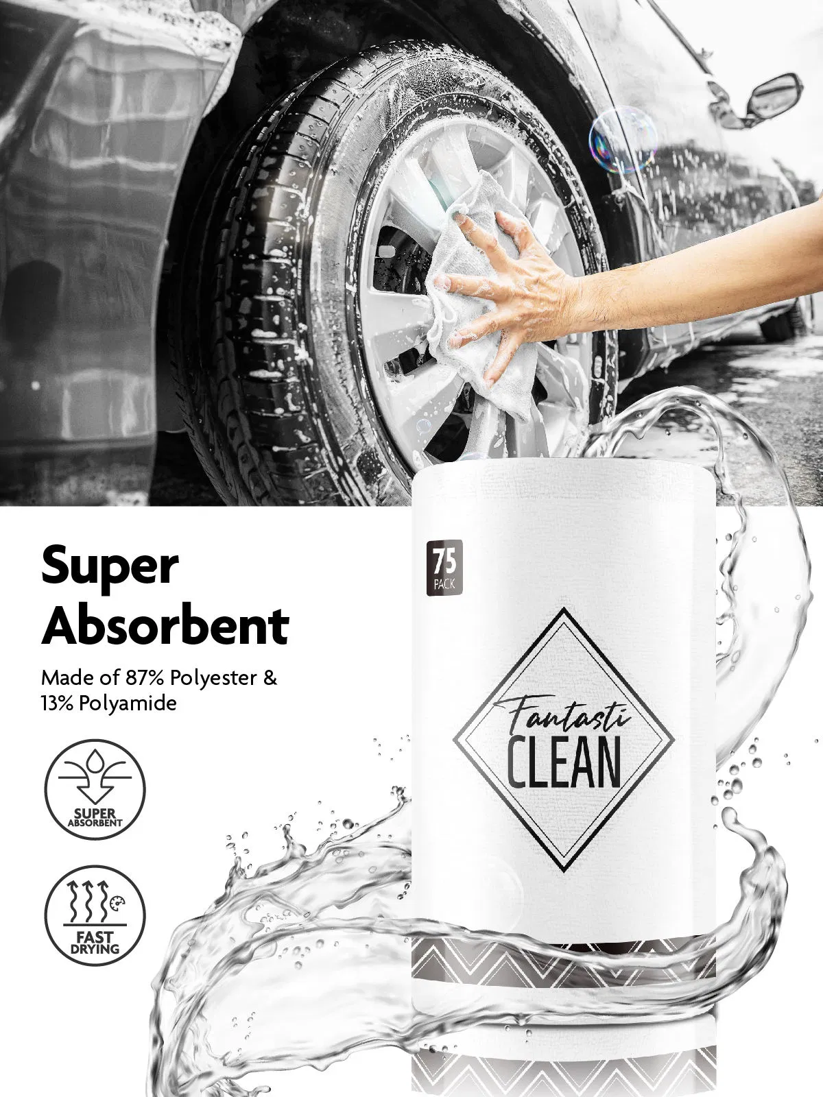 Fantasticlean 75pack Kitchen Microfiber on a Roll Tear Away Cleaning Paper Towels Reusable and Washable Cloths for Car, House