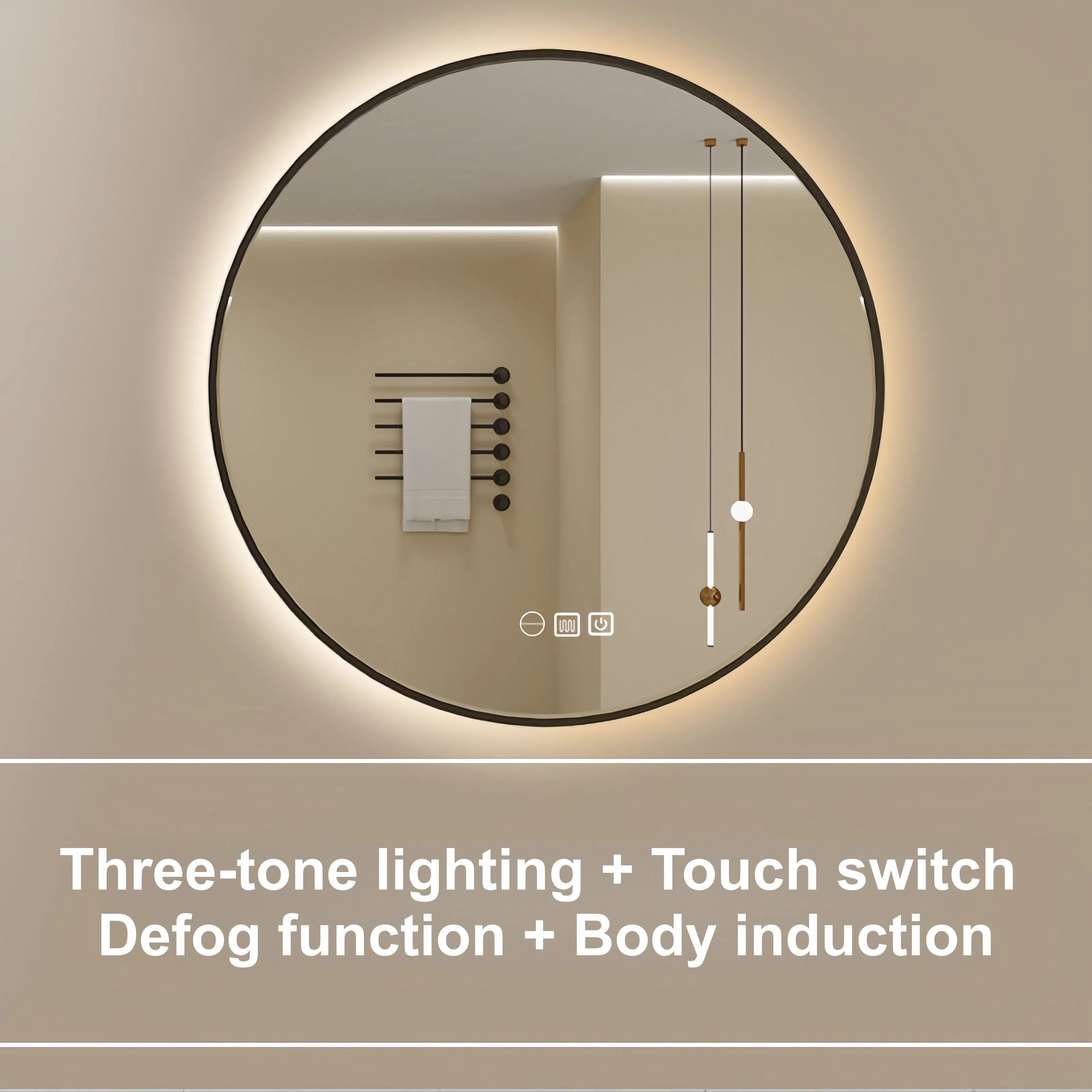 Smart Water Proof Round Shape Framed Wall Bathroom LED Mirror with Anti-Fog