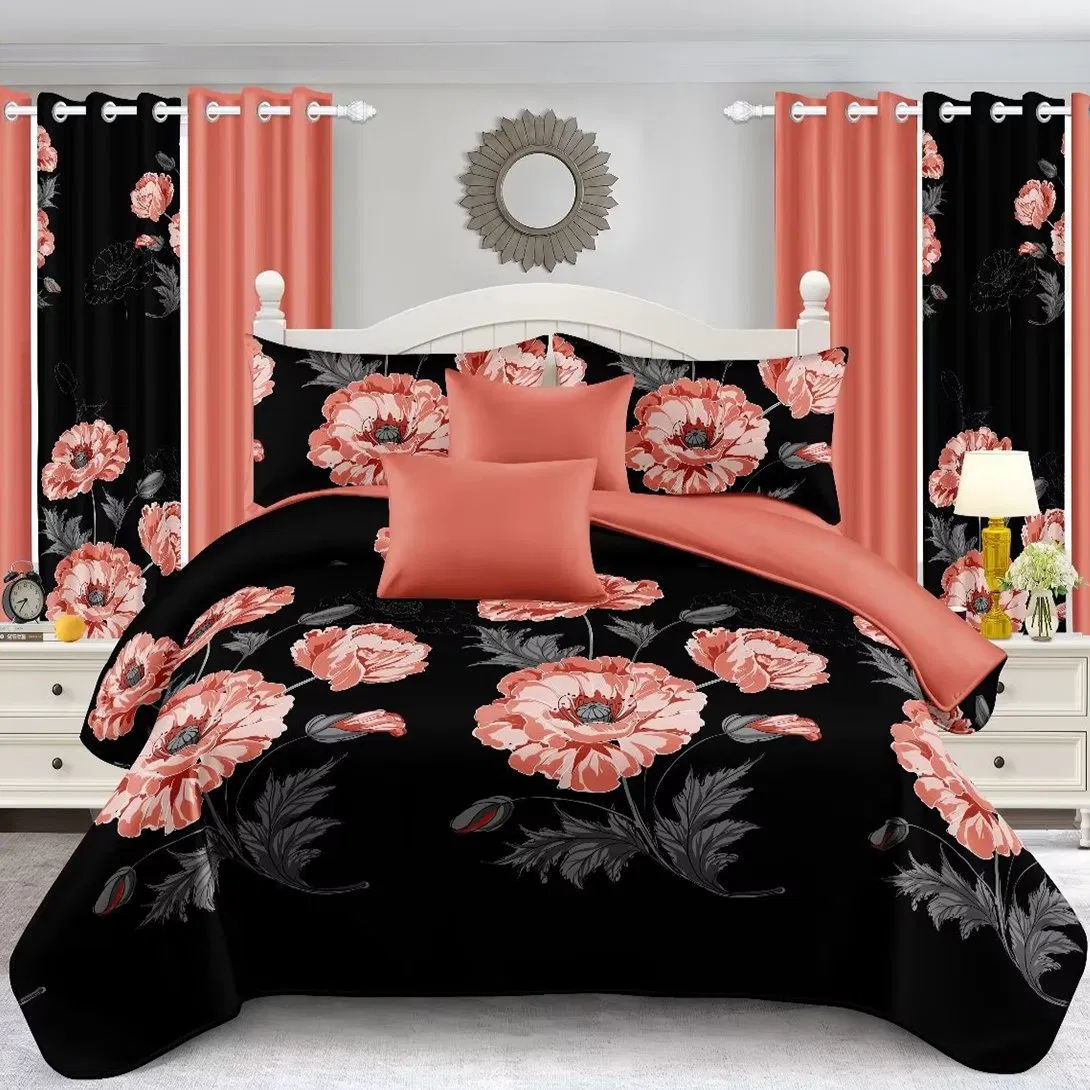 OEM/ODM Guangdong Yellow 11 Pieces Printing Comforter Polyester Cotton Pillowcase Bed Sheets Home Textile Quilted Bedspread Bedding Set with Bedroom Curtain