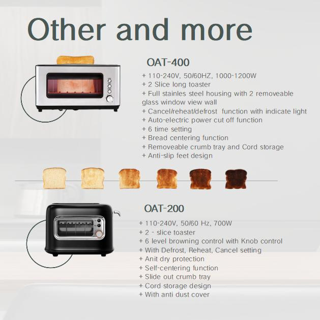 Visible Toaster with Detachable Glass Window Elegant Design 700-1200W