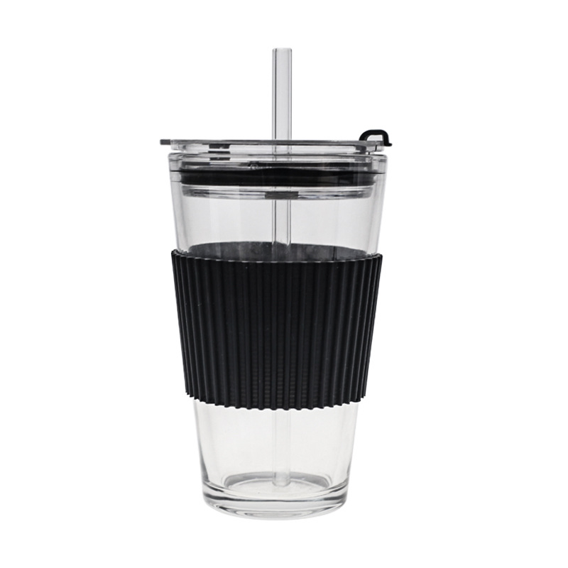 15 Oz New Style Glass with Straw Double Drink Coffee Cup with Lid