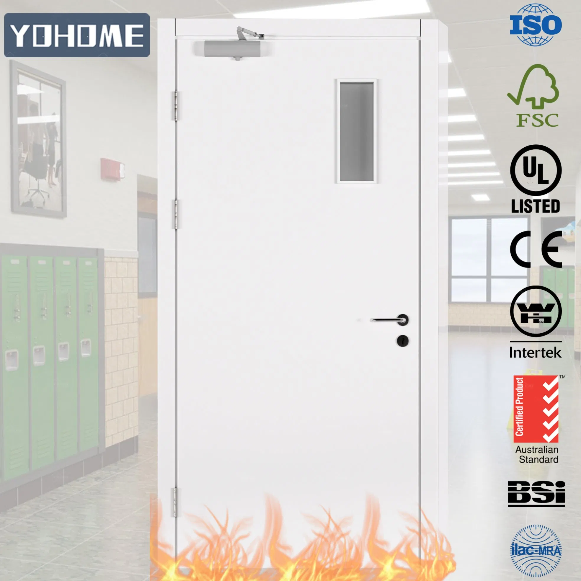 Yohome Mall School Condo Hotel 1.5 Hours Steel Fire Rated Door Galvanized Steel Fire Doors Commercial Building Fire Proof Doors