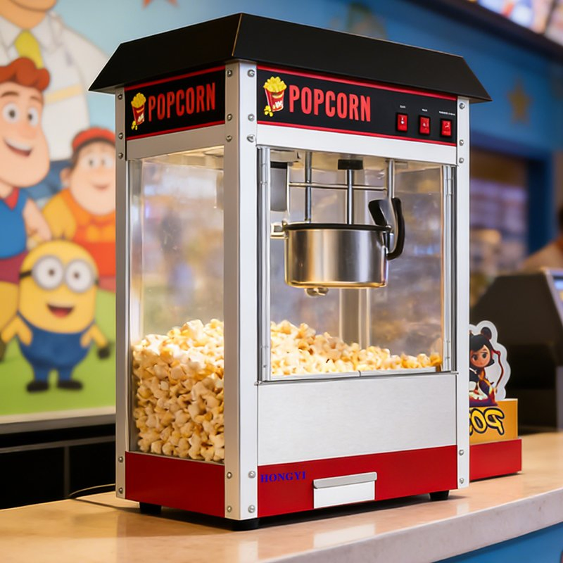 Stainless Steel Black Countertop Commercial Popcorn Machine, Suitable for Movie Theaters.