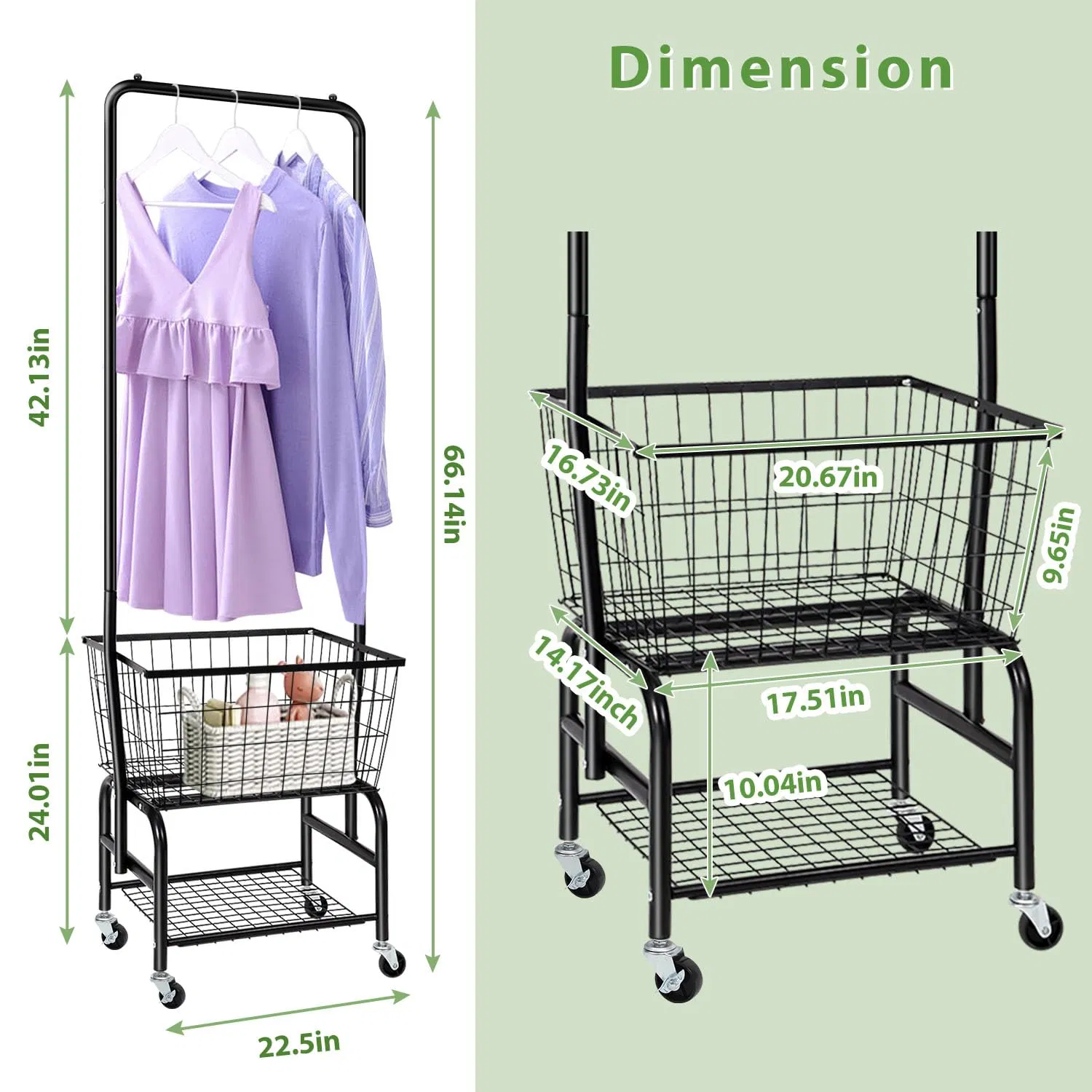 Laundry Cart with Wheels and Hanging Rack, Rolling Laundry Basket with Clothes Rack
