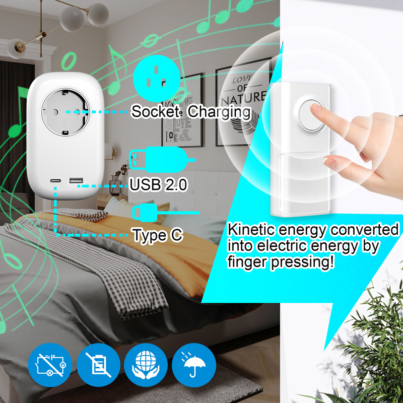 No Battery Kinetic Doorbell with USB/Type C/Socket Charging Door Chime