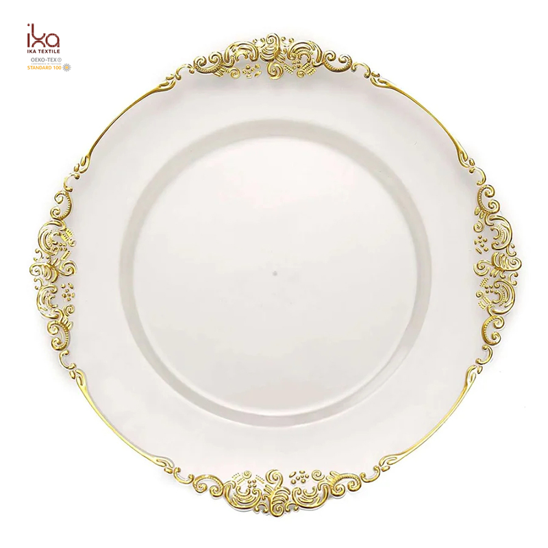 Antique Decorative Gold Embossed Baroque Rim Acrylic Round Luxury Vintage Table Acrylic Plastic Party Chargers Plates Wedding