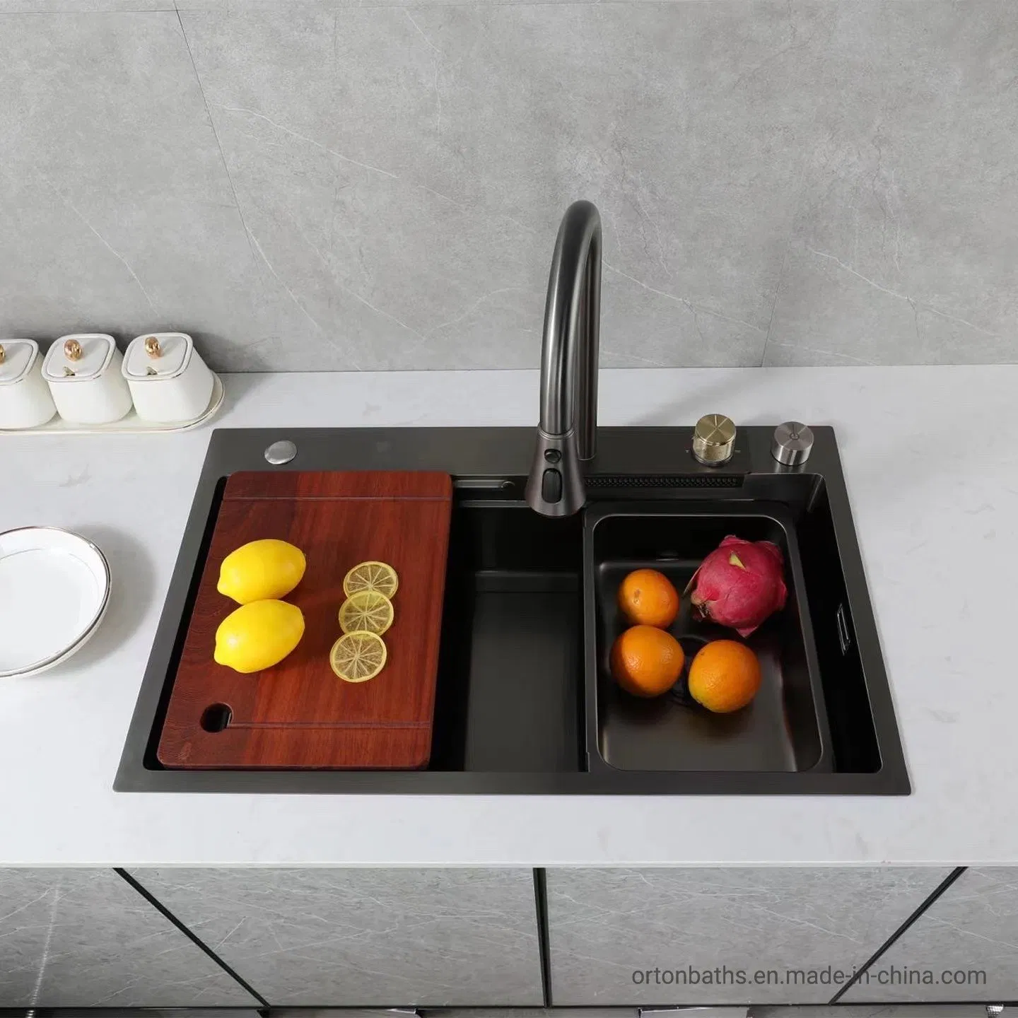 Ortonbath Waterfall Wash Multi-Function 304 Stainless Steel Large Kitchen Sink Workstation with Pull Down Cascade Rainfall Kitchen Faucet Sink Mixer