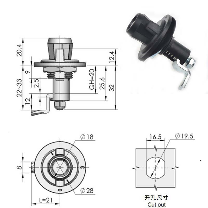 Xk235 Black Plastic Handle Round Knob Spring Compression Door Cylindrical Tongue Lock