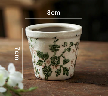 Горшки керамические винтажные цветочный узор зеленые