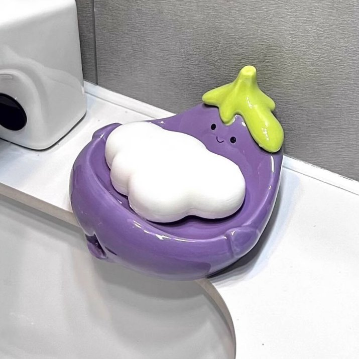 Eggplant Ceramic Soap Dish Drainable Soap Holder for Bathroom Sink,