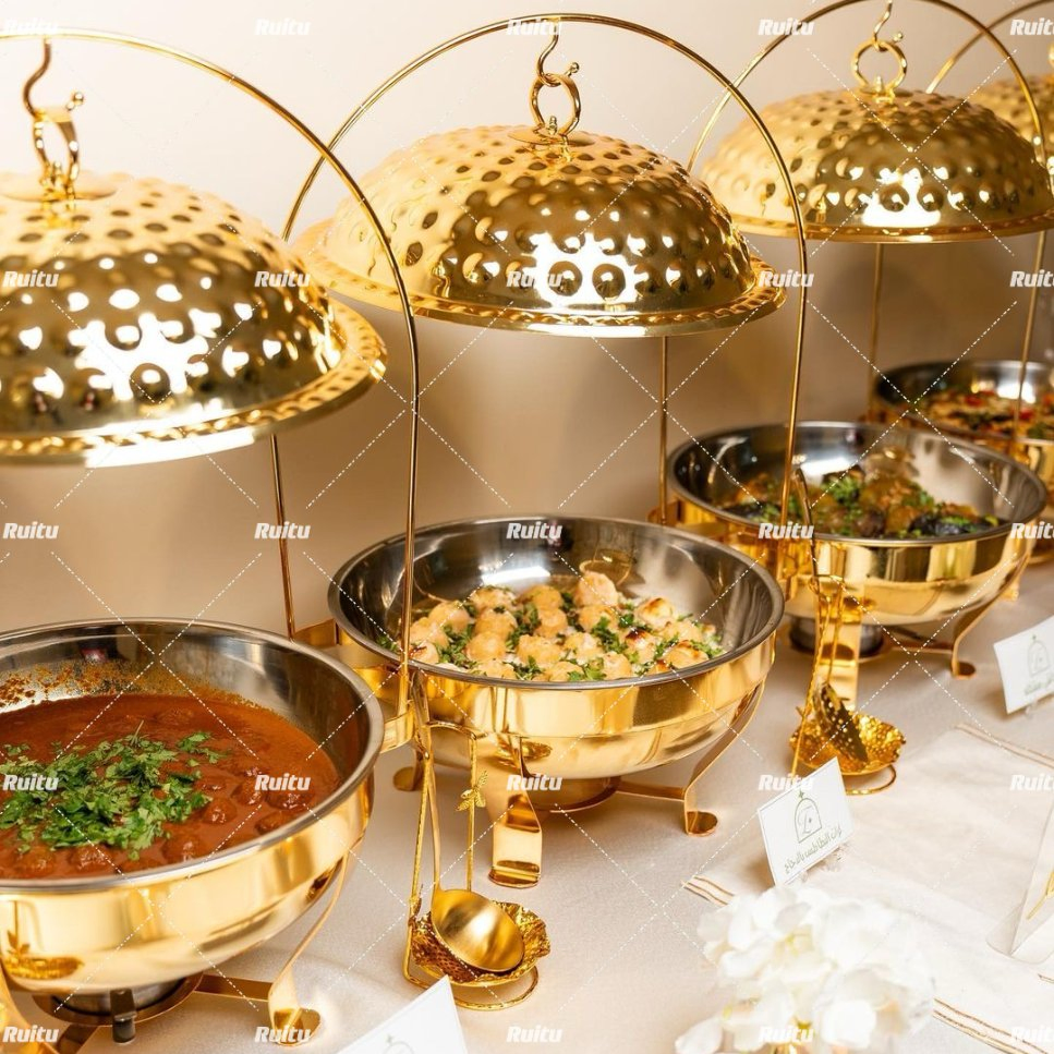 9qt Rectangle Roll Top Golden Chafing Dish Set Chafer with Full-Size Pan Stainless Steel Catering Warmer Server with Lid Water Pan Stand Fuel Holder Meal Clip