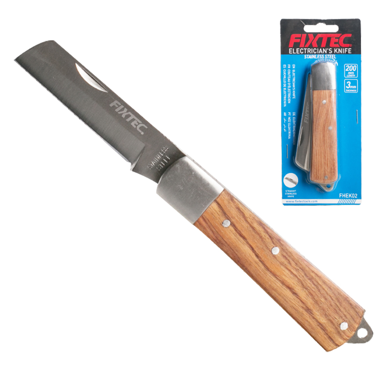 Fixtec Mini Wooden Handle Stainless Steel Pocket Tools 190/200 mm Electrician Folding Knife