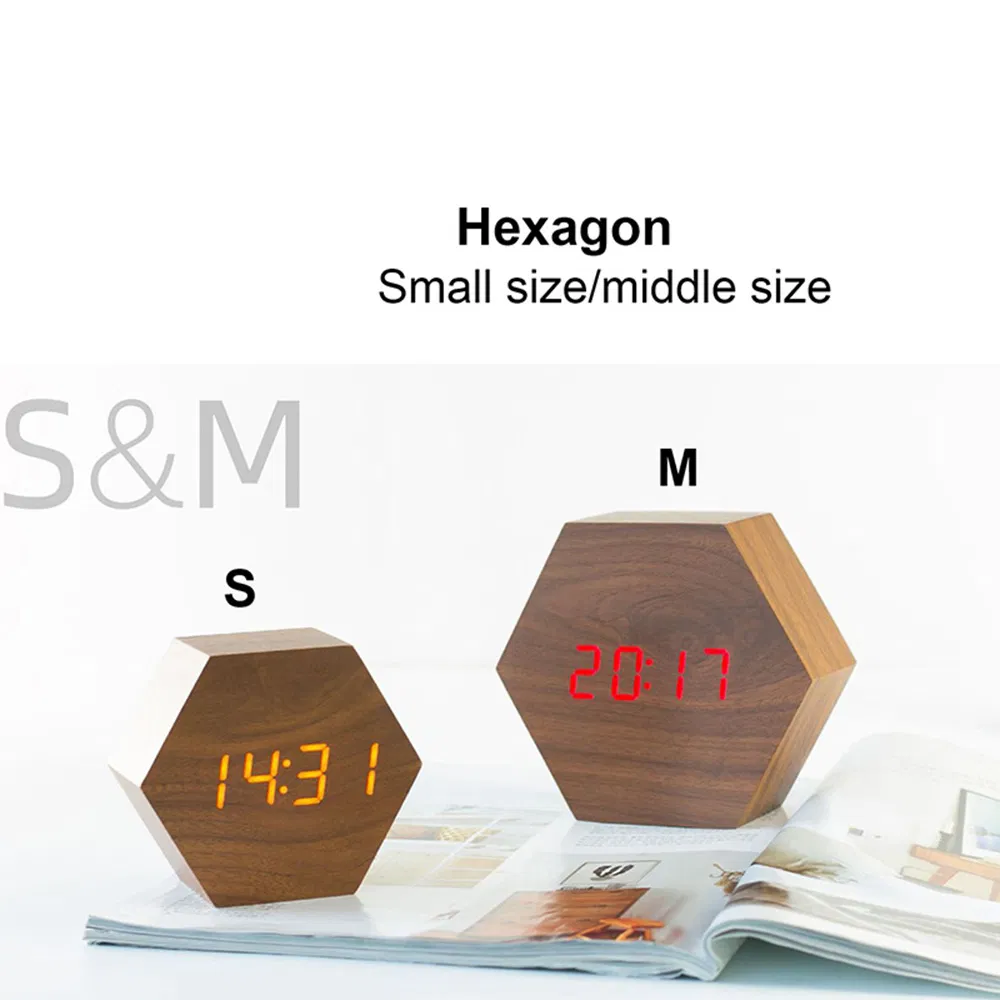 Sexangle Wood LED Alarm Clock Student Alarm Clock