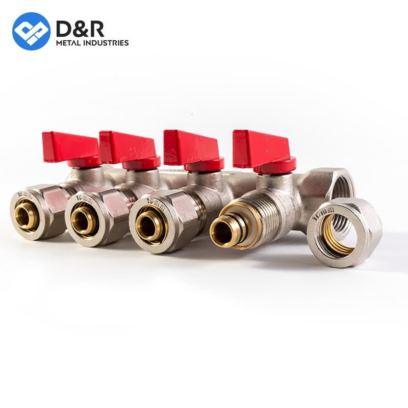 D&R Factory Manufacture High Quality Water Ball Valve Brass Floor Heating Manifold Brass Manifold 2/3/4/5/6 Way Brass Manifold