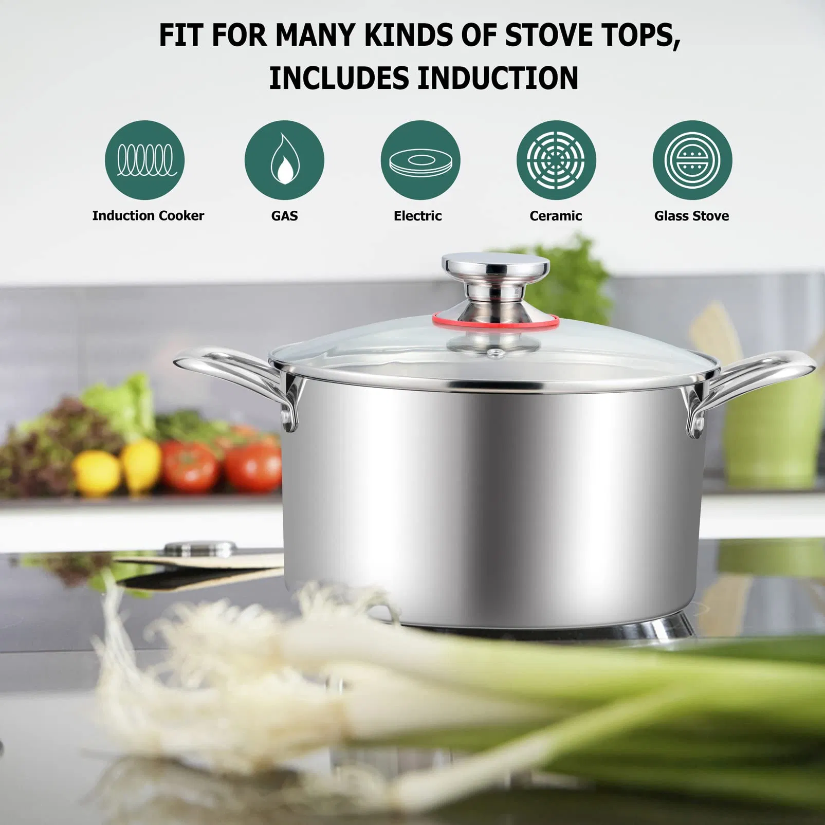 Cookware 5 Quart Stock Pot Stainless Steel Pasta Soup Glass Lid Pot