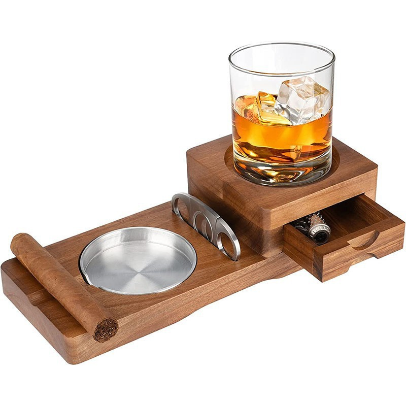 Simple Portable Whiskey Glass Stand Wooden Drawer Cigar Ashtray Decoration Ez29776