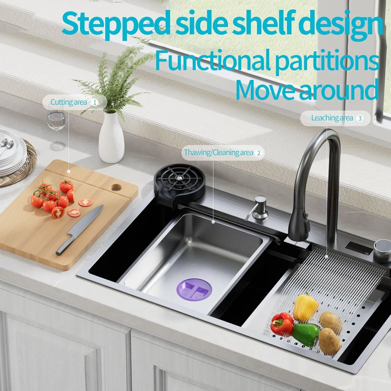 Shark Waterfall Two Button Dual Function Faucet Stainless Steel Handmade Kitchen Sink