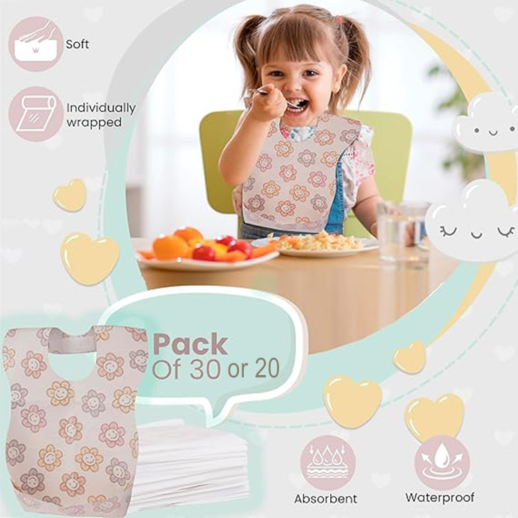 OEM Custom 20 PCS Individually Packaged Absorbent Leakproof Non Woven Fabric Disposable Baby Bib for Feeding & Travel