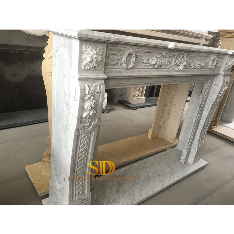 New Home Indoor Decoration Polished Carved Italian Carrara Marble Fireplace Mantel