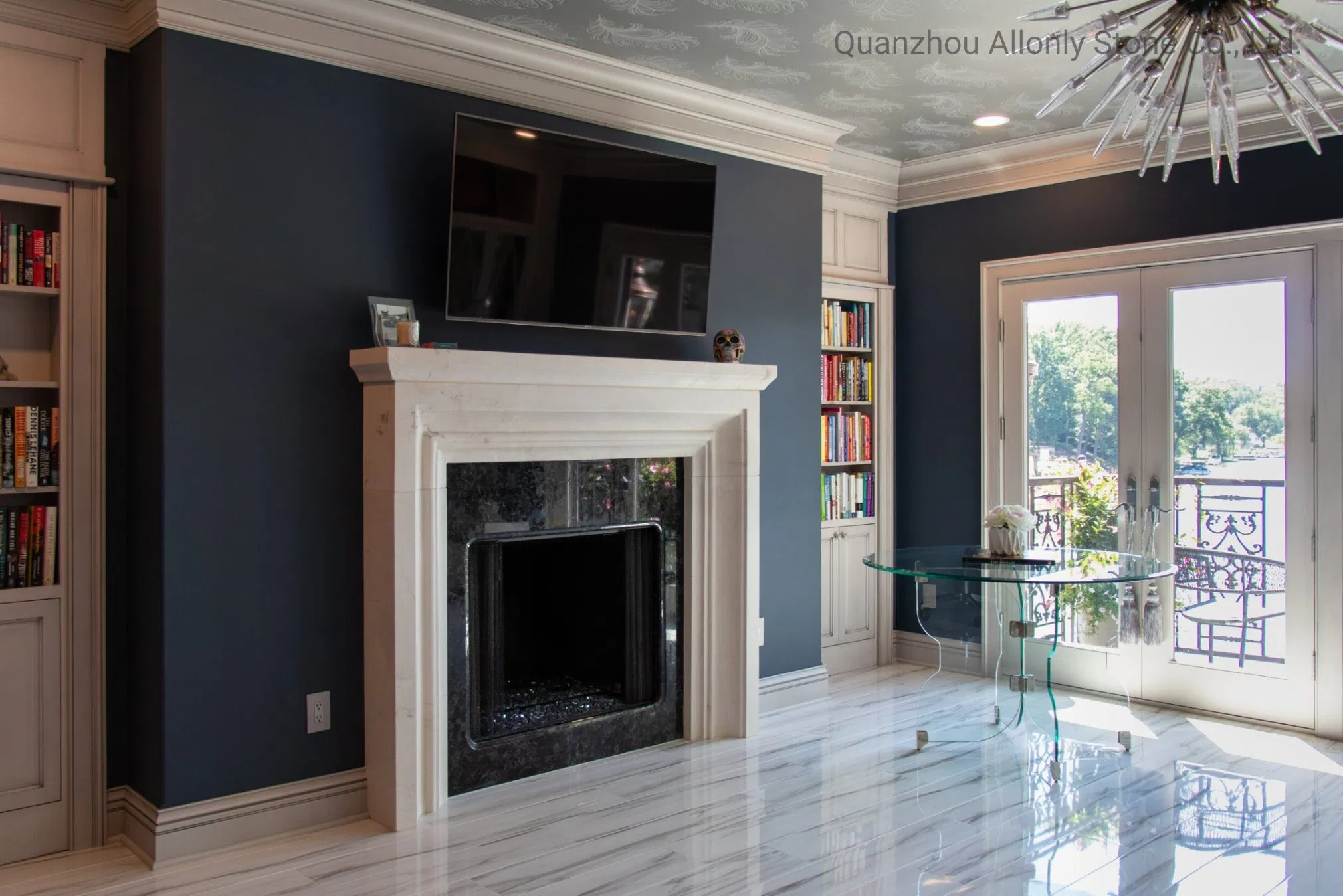 White Indoor Marble Crema Liestone Surround Stone Fireplace Mantels