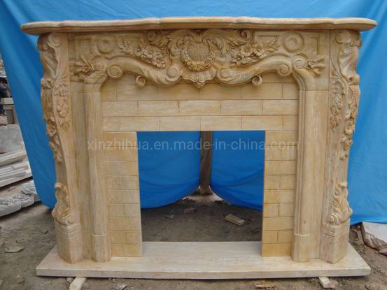 Beige Limestone Flower Handcarved Fireplace Mantel