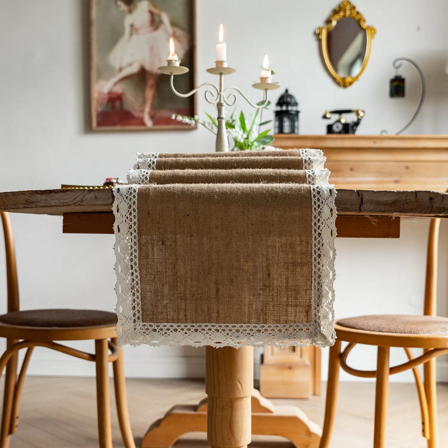 Xinlan Jute Table Runner Woven Lace Fringe Long Tablecloth for Wedding Party Decor Boho Style Dining Table Cover