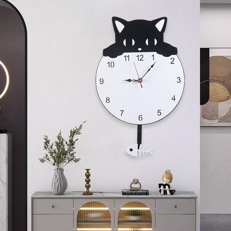 Creative Home Living Room Wall Watch Cartoon Cat Fish Swing Quartz Clock