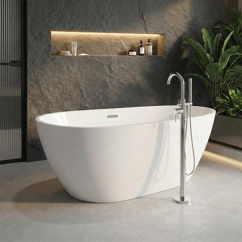 Deep Soak Freestanding Oval Sleek White Acrylic Modern Eco-Friendly Bathtub Drainer Bathroom 3D Model Design Customizable 2-Year