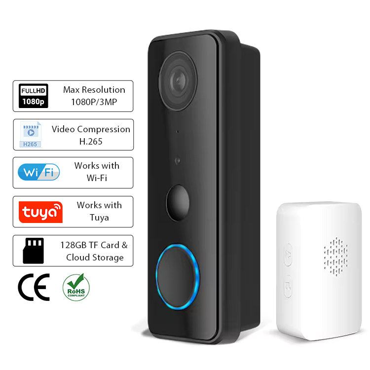 Smartlife APP IP65 Waterproof Home 2 Way Video Wireless Door Bell Rechargeable 5g 2.4G WiFi 3MP/1080P Tuya Smart Video Doorbell