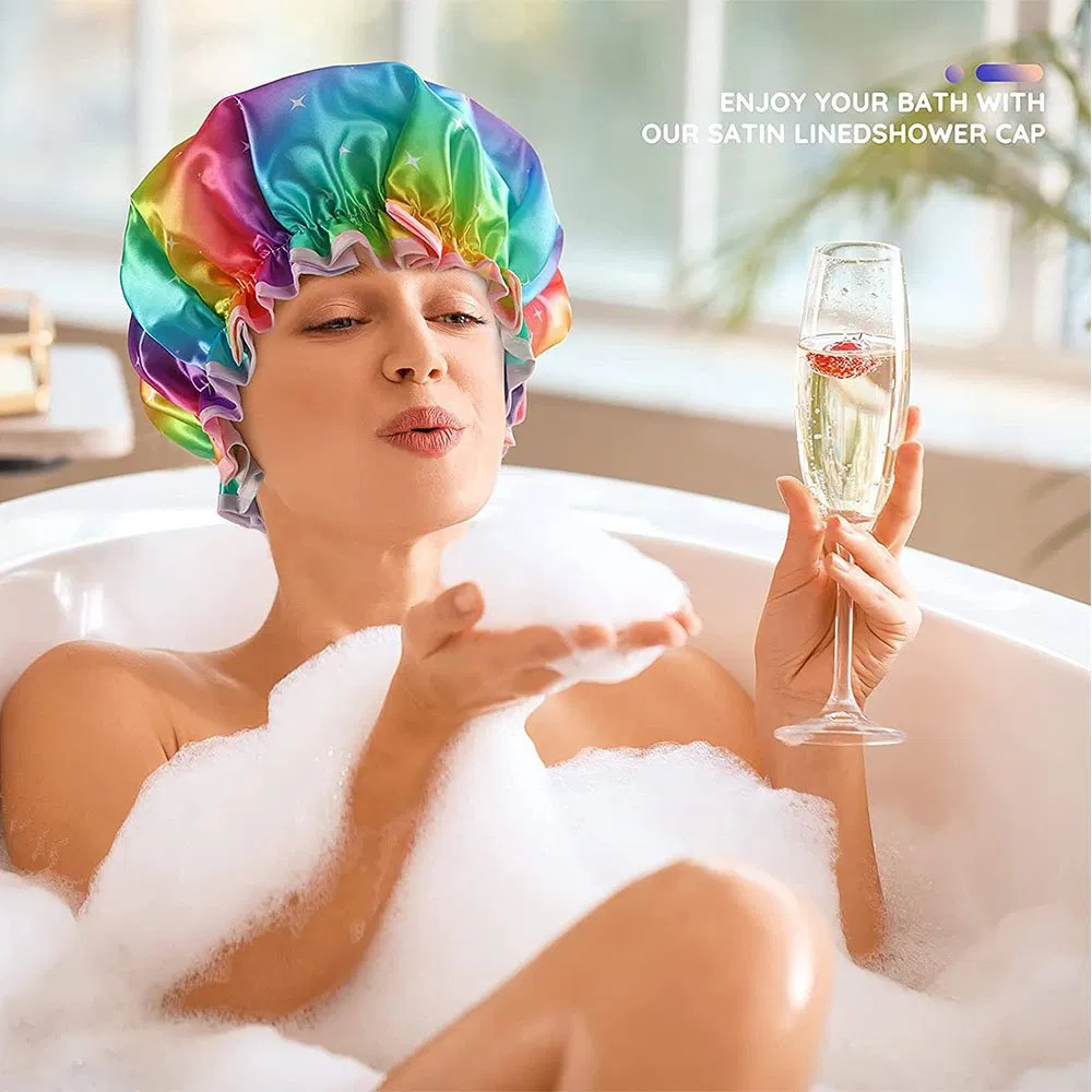 High Quality Printing Shower Caps Double Layer Satin Shower Cap