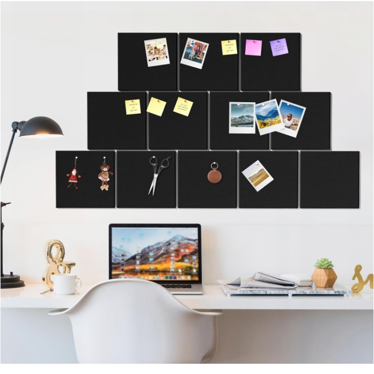Black Color Large Cork Board Felt Board Tiles for Walls with 30 Push Pins, 11.8"X11.8" Pack of 6 Pin Board Notice Boards for Home Office