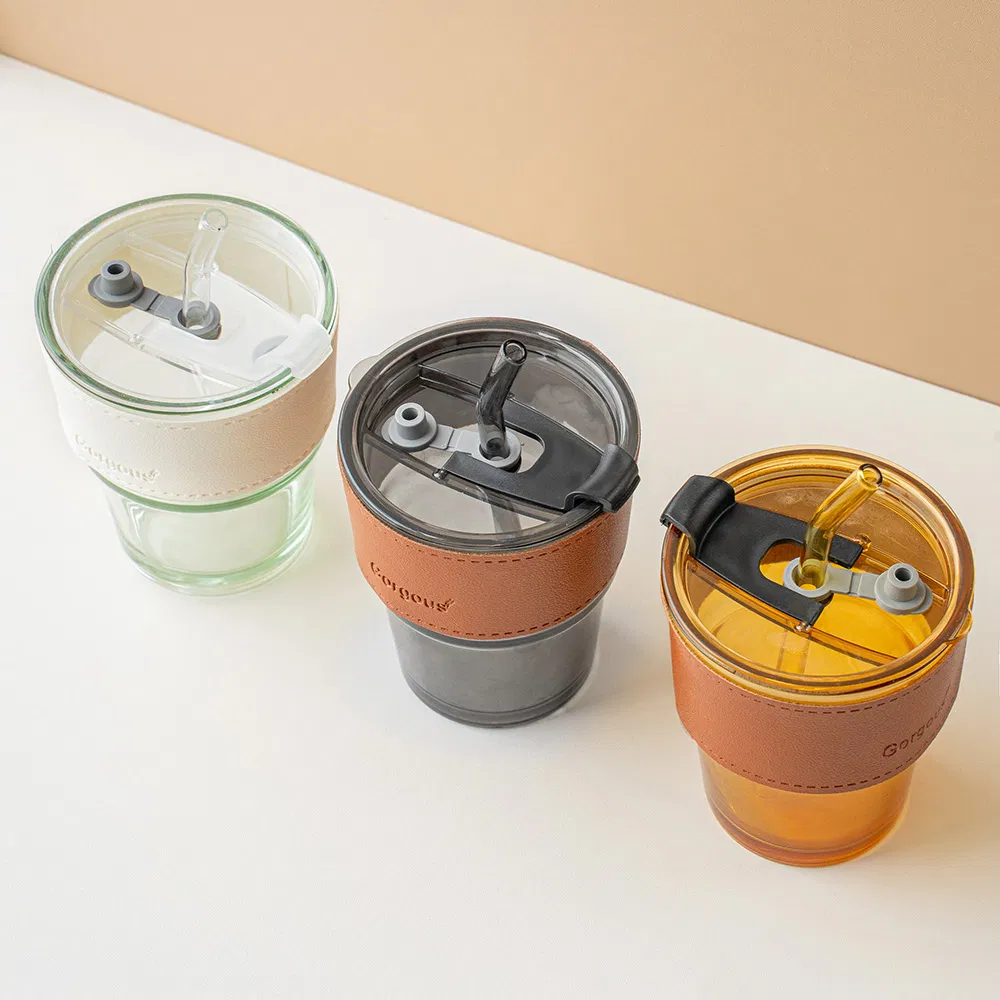 Modern Portable Juice Cup 350ml Transparent Empty Glass Cup Tumbler Manufacturingwith Lid and Straw