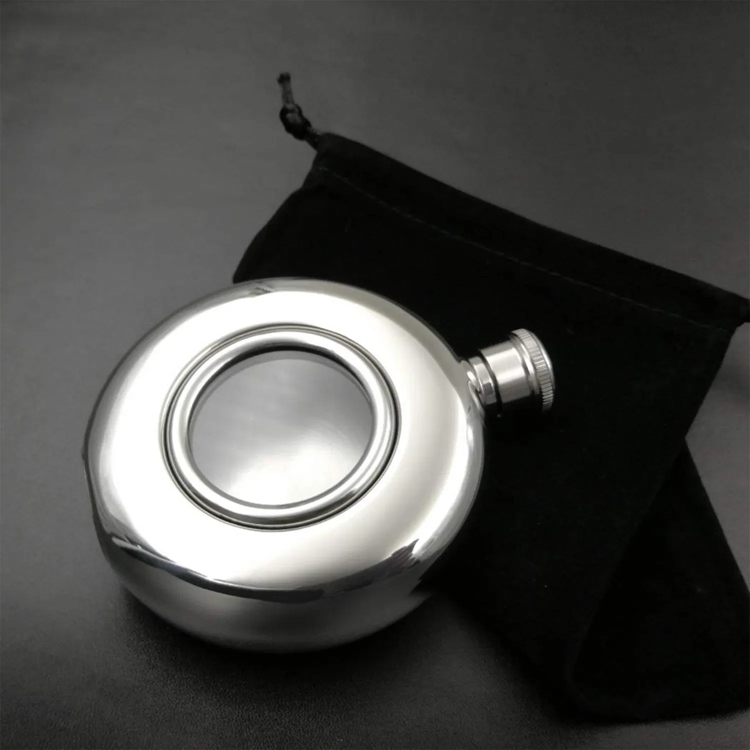 Stainless Steel Round Wine Bottle with Glass Decoration Portable Metal Wine Flask