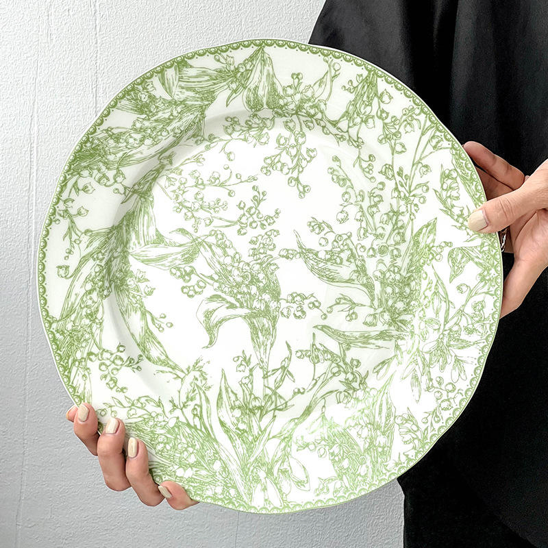 Light Green Vintage Ceramic Dinner Set with Flower Prints for Events