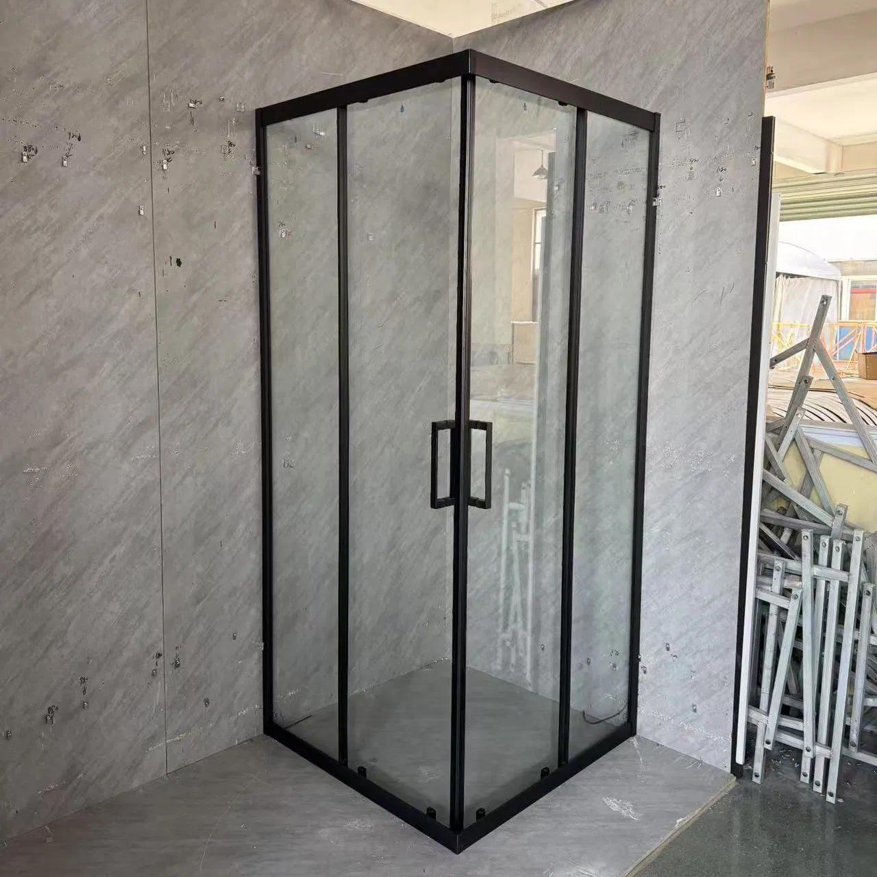 Single Modern Black Aluminum Shower Compartment Sliding Door Shower Room