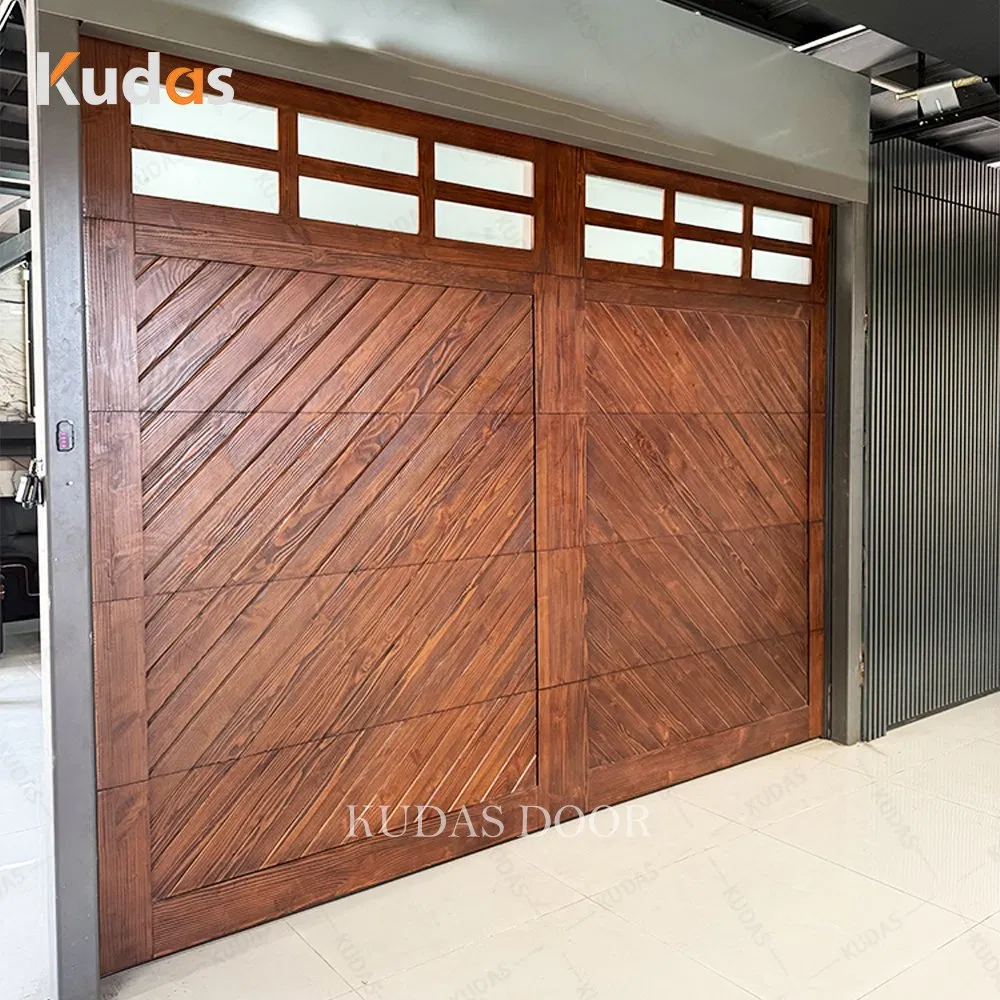 Energy Efficient Black Walnut Solid Wood Look Aluminum Track Slide up Garage Doors with Top Double Glass Windows