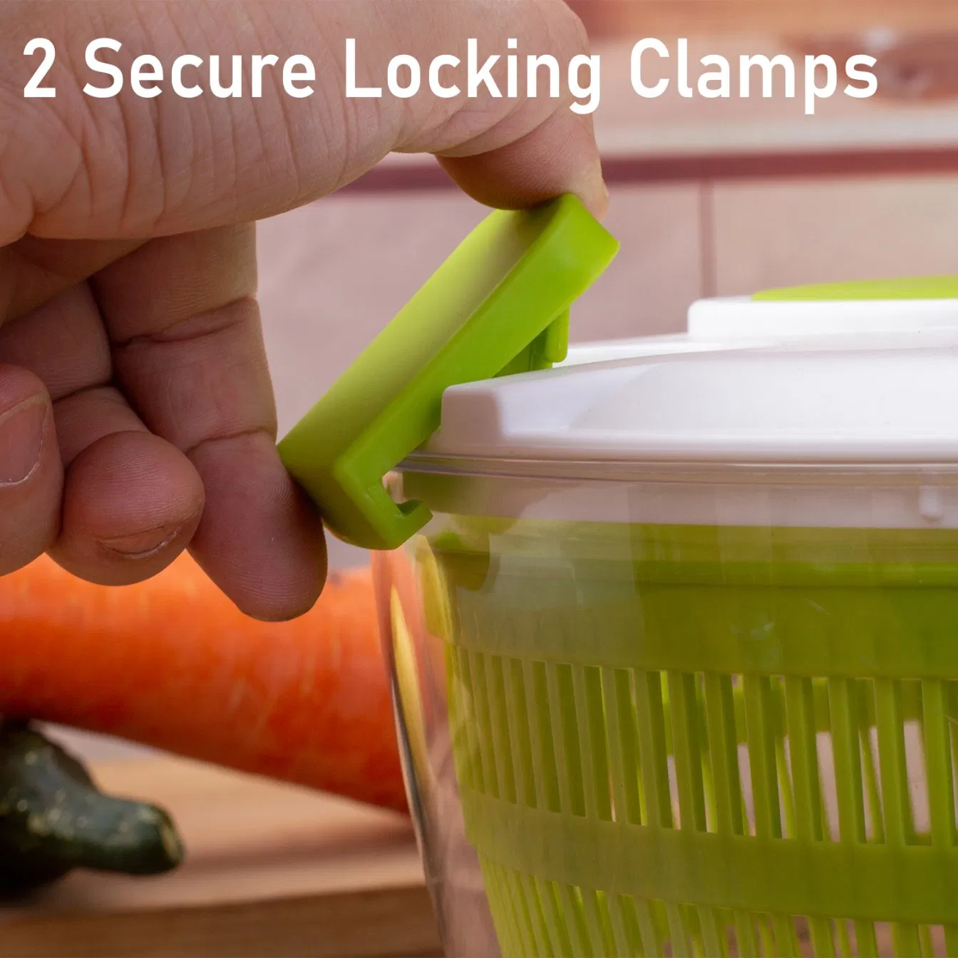 Forest Green Manual Salad Spinner with Secure Locking Clips & Anti-Slip Silicone Base