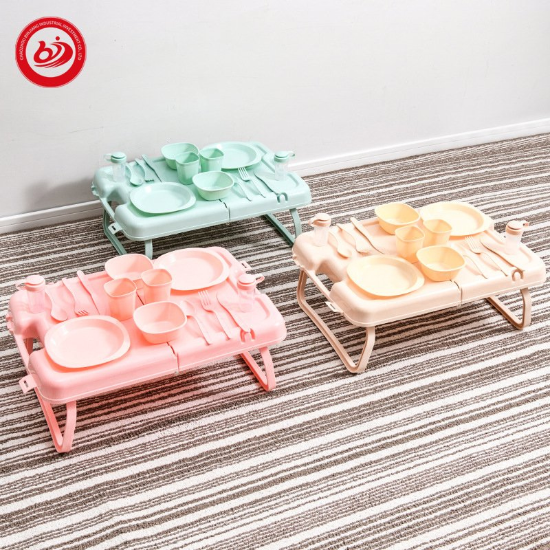 9 PCS Set Outdoor Plastic Cutlery Plates Set Camping Cutlery Picnic with Portable Box Foldable Desk and Handle