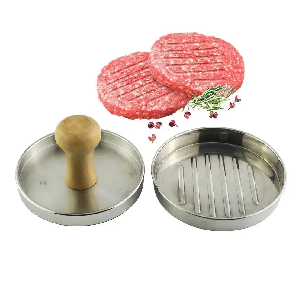 Meat Marinade Hamburger Press 304 Stainless Steel Custom Hamburger Mold Maker Tools with Wood Handle