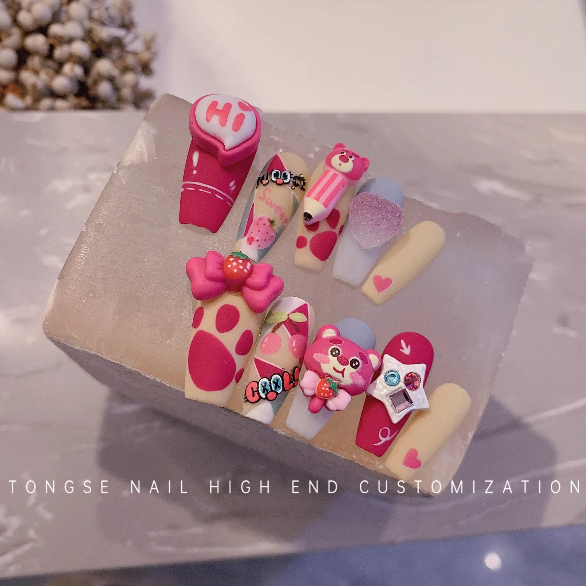Cartoon Kawaii Resin Rose Red Strawberry Teddy Bear Nail Charms