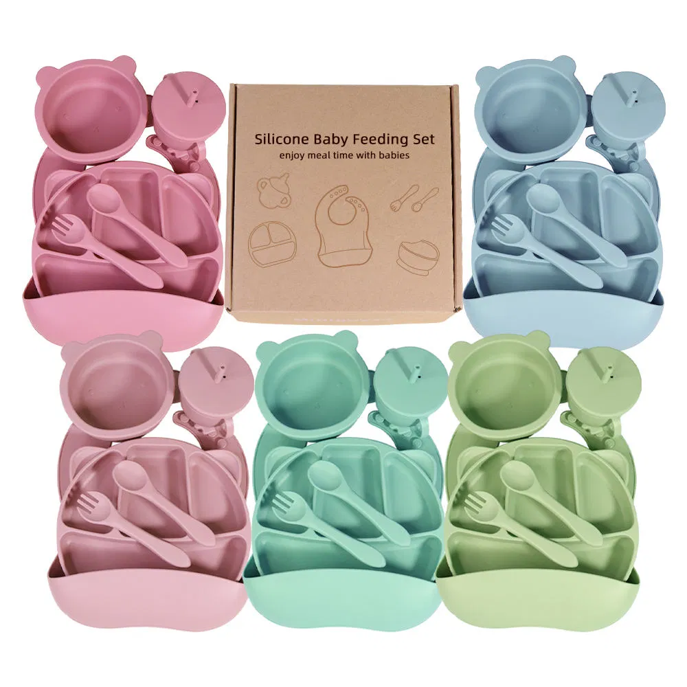 Kids Weaning Products Silicone Tableware Plate Bowl Spoon Fork Baby Feeding Sets