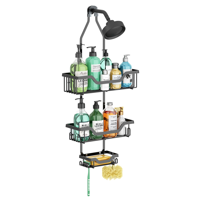 Sanipro Anti-Swing Hanging Shower Caddy Over Head Rustproof 3 Tiers Bathroom Shelves Organizer with Hooks Soap Holder