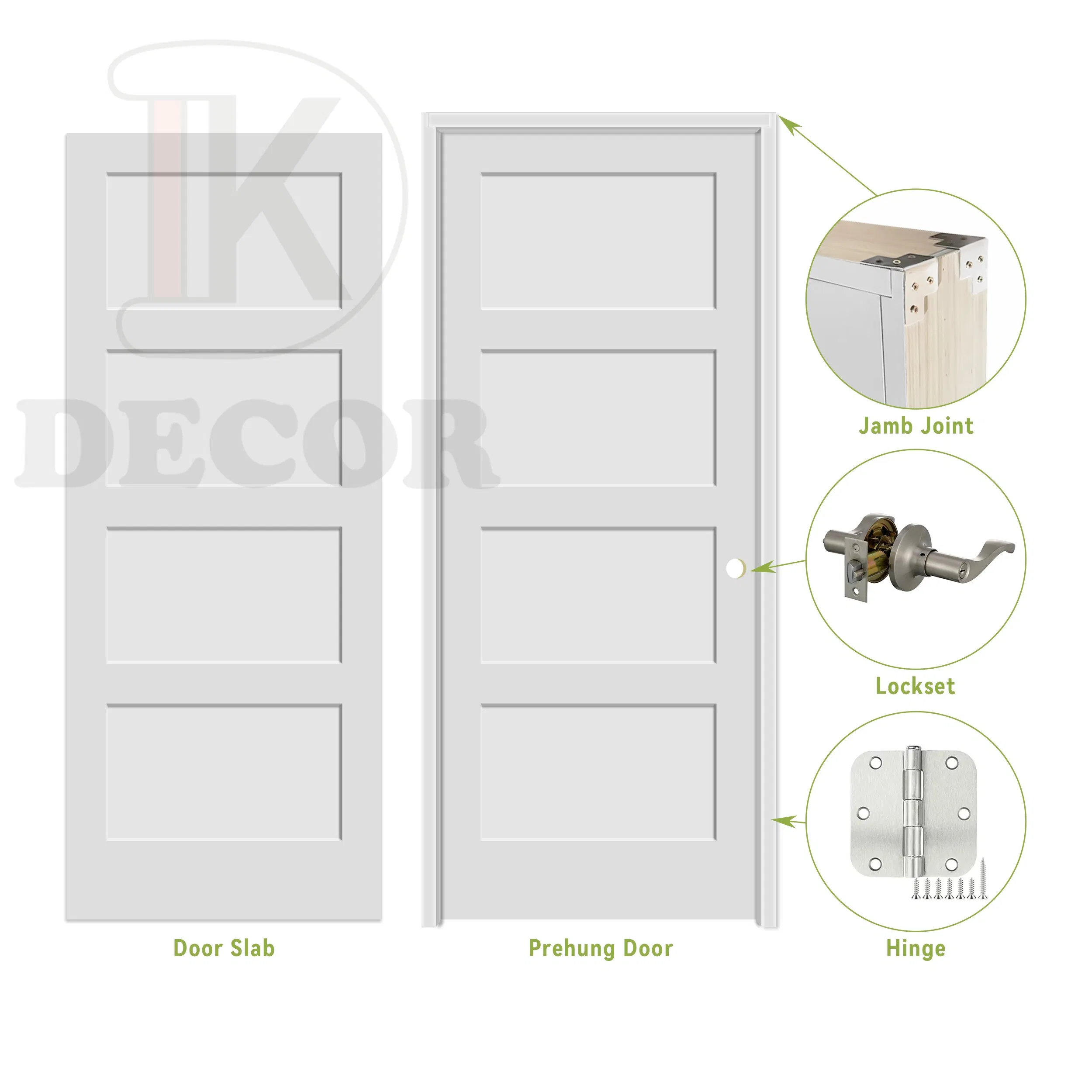 4 Panel White Primer MDF Interior Wooden Shaker Door for Bedroom