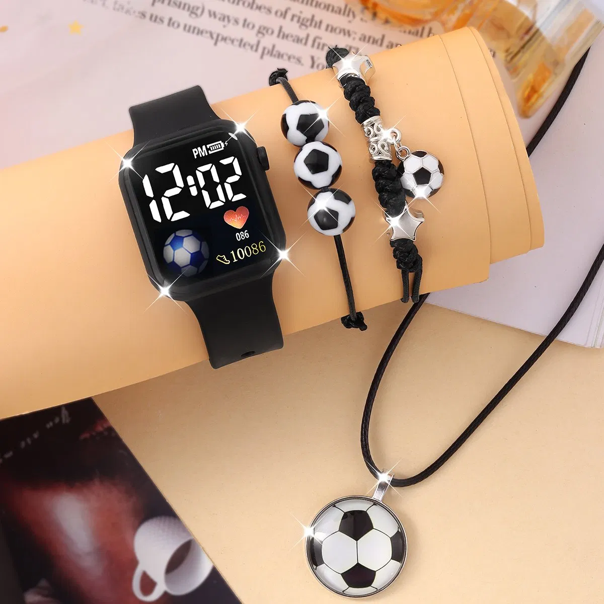 Black Cartoon Watch Gift Set Football Bracelet Necklace
