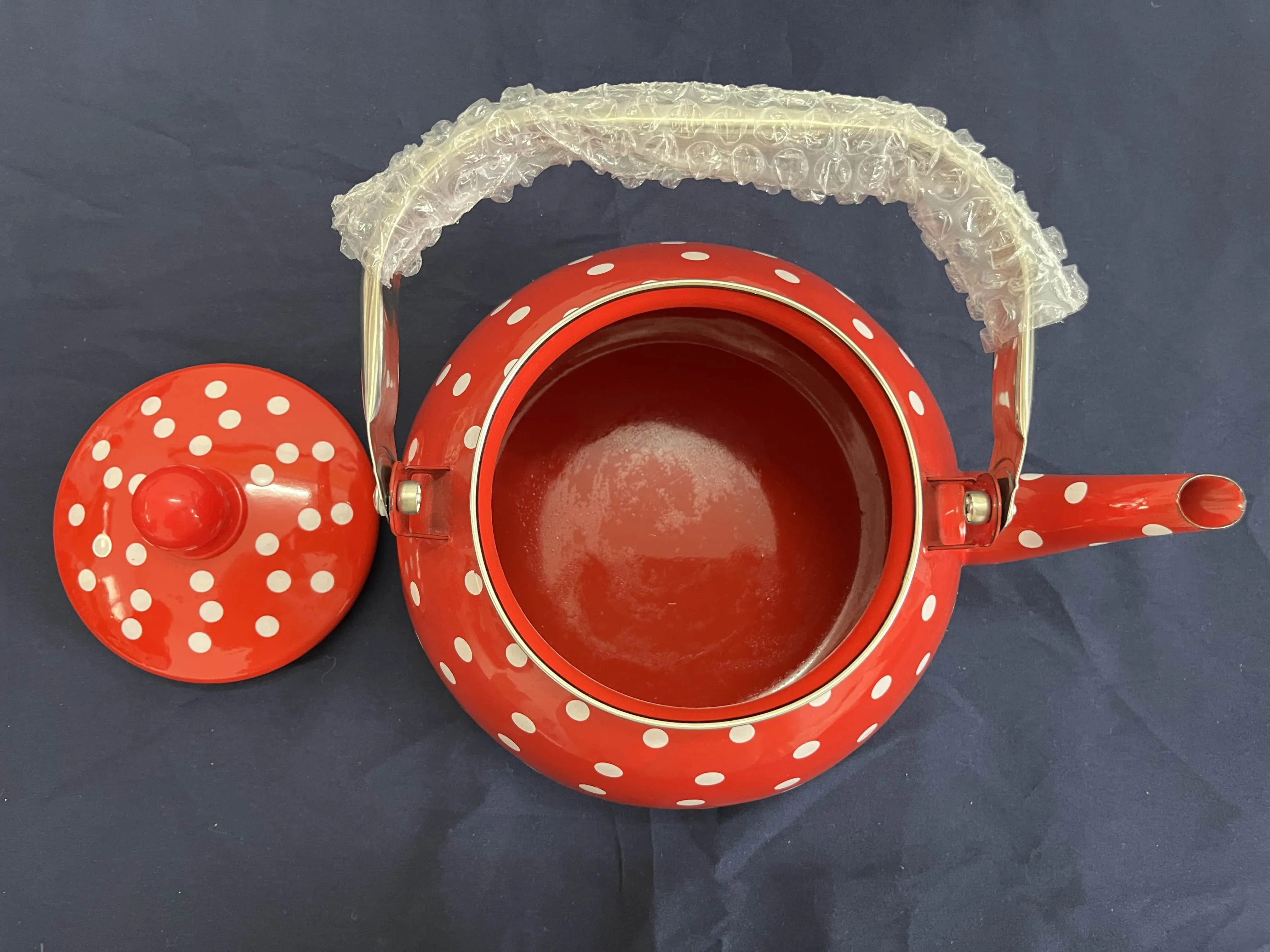 Red Enamel Kettle with White Spots Stainless Steel Handle Round Teapot
