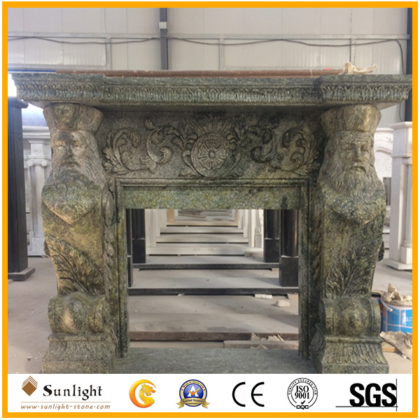 Natural Brown Marble/Stone Fire Place Stone Mantel Fireplace with Hand Carved