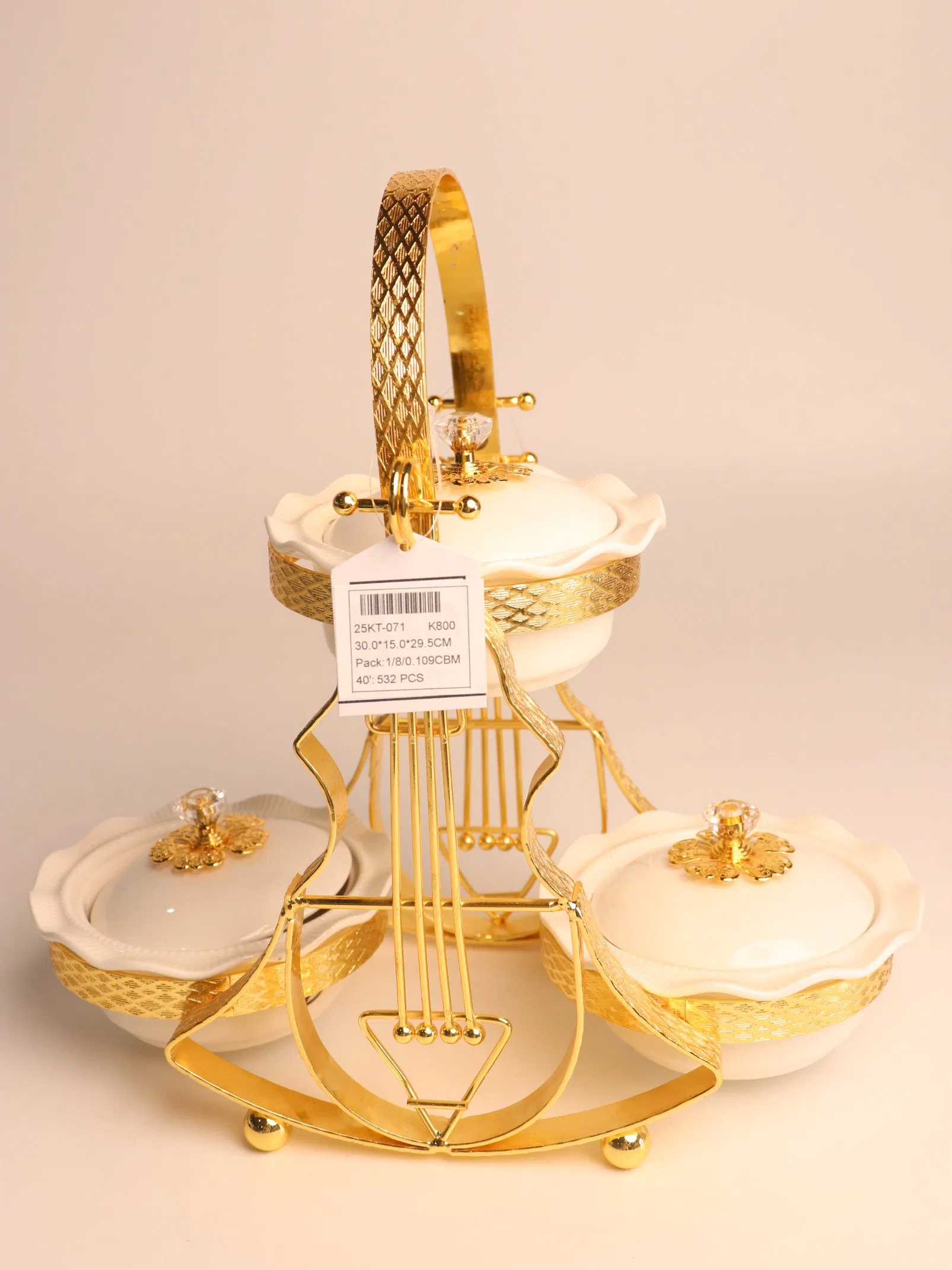 New High-End Gold-Plated Iron Art with 3 Ceramic Bowls with Lids