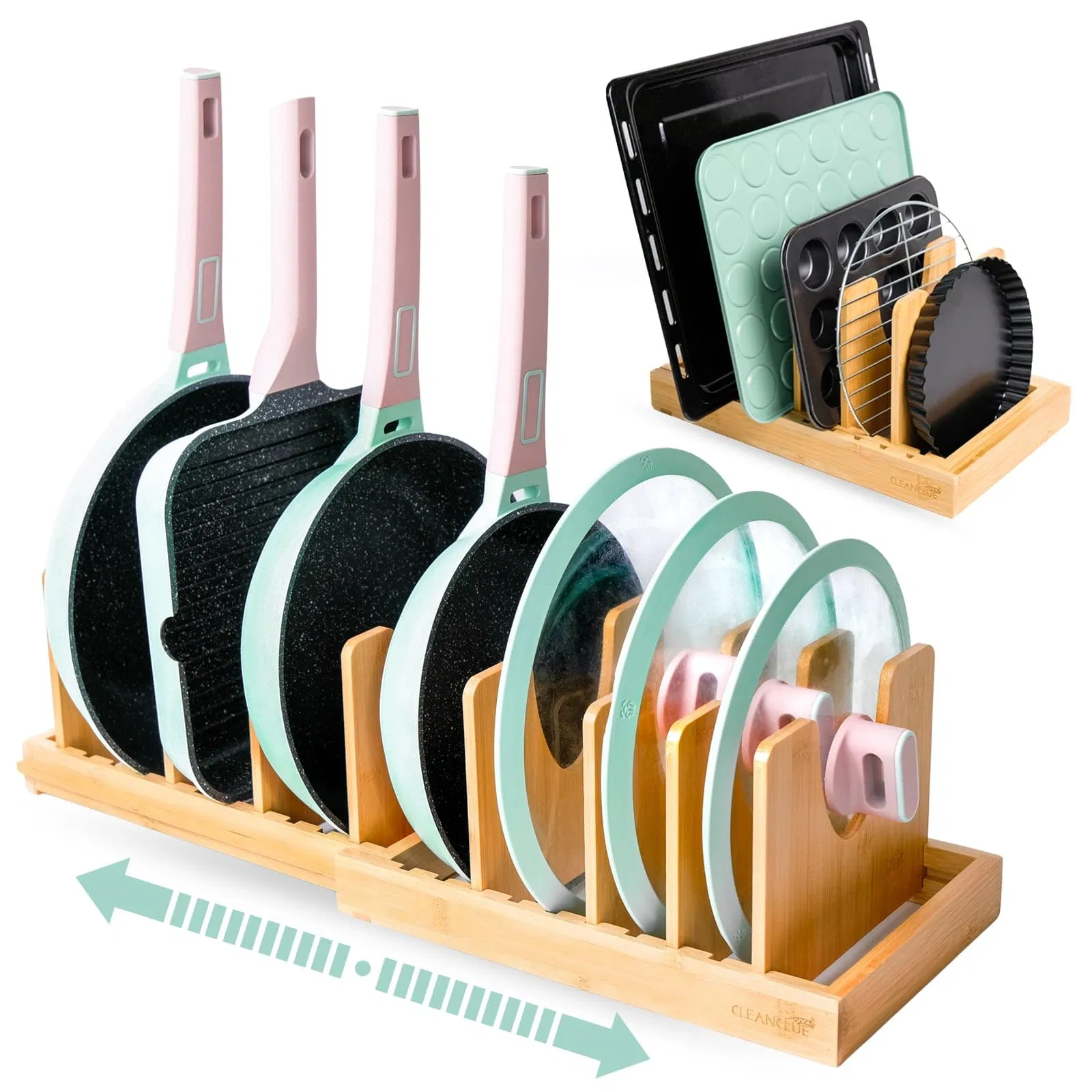 Pots and Pans Organizer Under Cabinet, Bamboo Expandable Bakeware and Cutting Board Organizers, Adjustable Pot Lids Holder Rack, Pan, Tray Rack