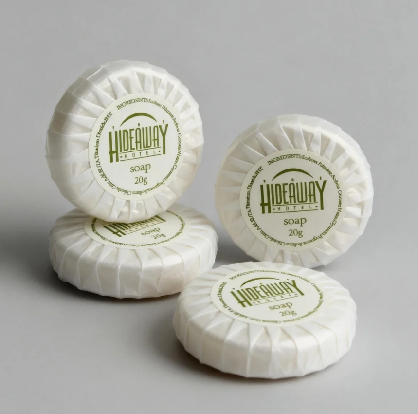 20g Round Hotel Guest Soap Wrapped in Laminated Paper with Custom Label
