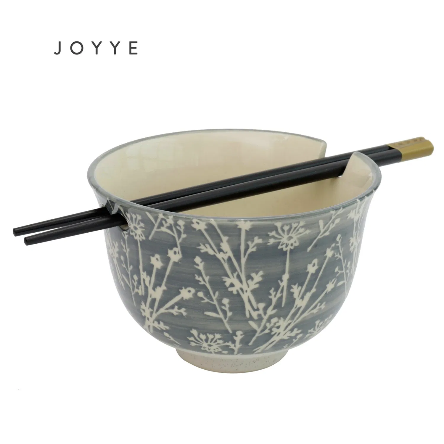 Custom Stoneware Hand Paint Floral Noodle Bowl with Chopsticks